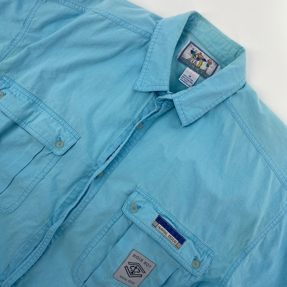 VINTAGE Bugle Boy Naval Issue Mens Medium Blue Short Sleeve Utility Shirt 90s